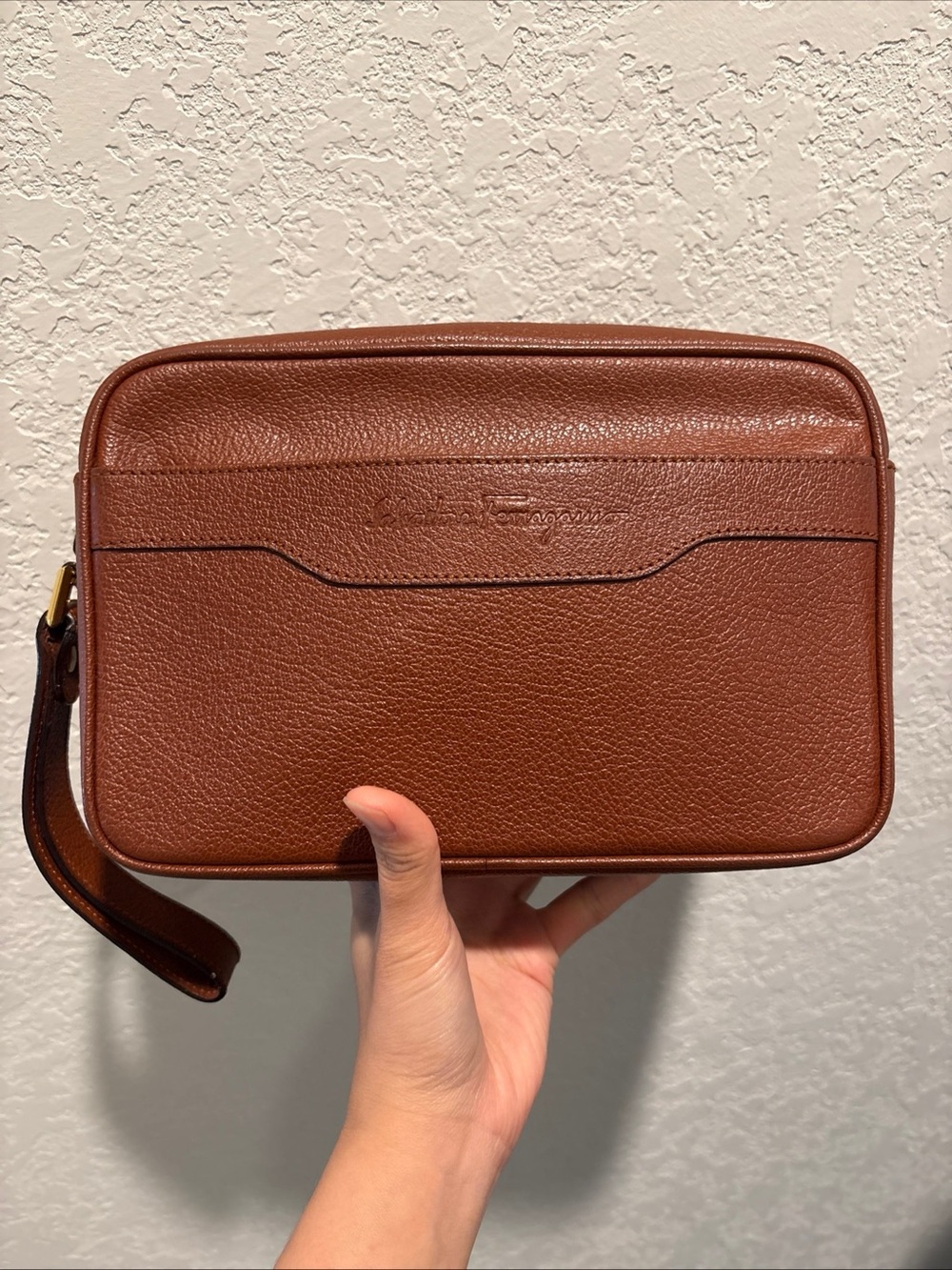 Salvatore Ferragamo Brown Pebbled Leather Toiletry Pouch